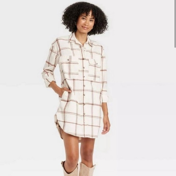Universal Thread Dresses & Skirts - Universal Threads White & Brown Plaid Button Down Shirt Dress 100% Cotton Size S